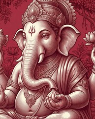Intricate Red Engraving of Lord Ganesha, Hindu God of Wisdom and New Beginnings