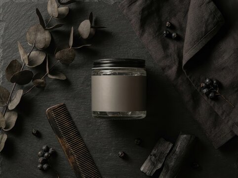 Glass jar of cosmetic hair styling product with comb