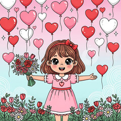 Young girl holding flowers surrounded by heart balloons, isolated on white background