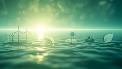 Sustainable Green Energy Future: Wind, Solar & Eco Icons on Water with Glowing Light