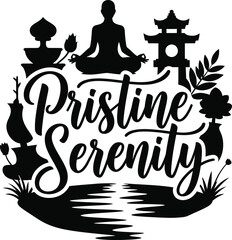 Pristine Serenity Clouds Sun Rays Vector Black Hand Drawn Typography Logo Emblem Badge Icon Silhouette Vintage Retro Graphic Peace Nature Calm Sky Spirit