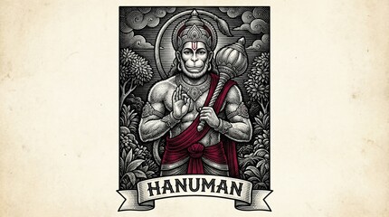 Lord Hanuman Illustration with Gada and Marigold Garland