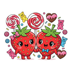 Two cartoon strawberries with candy isolated on white background