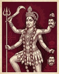 Goddess Kali with multiple arms holding severed heads and weapons, a fierce deity in Hinduism.