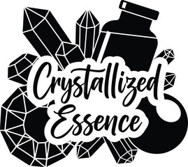Crystallized Essence Crystal Bottle Potion Vector Black Hand Drawn Typography Logo Emblem Badge Icon Silhouette Vintage Retro Graphic Magic Science Pure Alchemy