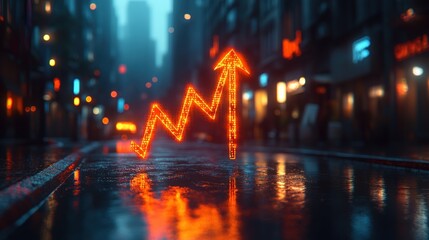 Neon orange upward trend graph on wet city street at night