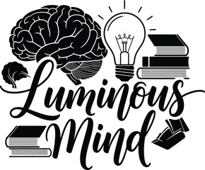 Luminous Mind Brain Lightbulb Rays Vector Black Hand Drawn Typography Logo Emblem Badge Icon Silhouette Vintage Retro Graphic Idea Creative Intelligence Science
