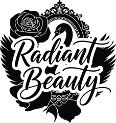 Radiant Beauty Flower Sun Rays Vector Black Hand Drawn Typography Logo Emblem Badge Icon Silhouette Vintage Retro Graphic Nature Bloom Garden Life