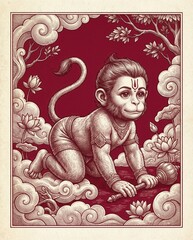 Baby Hanuman crawling with a mace, surrounded by lotus flowers and clouds, Indian art