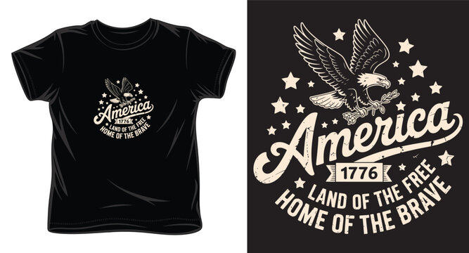Vintage american eagle t-shirt design with 1776 year and land of the free slogan