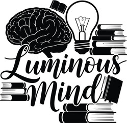 Luminous Mind Brain Lightbulb Books Vector Black Hand Drawn Typography Logo Emblem Badge Icon Silhouette Vintage Retro Graphic Knowledge Education Intelligence Science