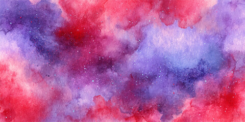 A vibrant and colorful watercolor painting depicting a galaxy with swirling red and purple clouds and scattered stars.