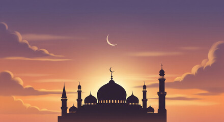Elegant Mosque Silhouette At Sunset Ramadan Background