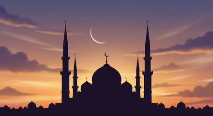 Elegant Mosque Silhouette At Sunset Ramadan Background