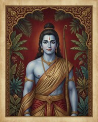 Lord Rama with Blue Skin, Bow, and Arrow, Indian God Portrait
