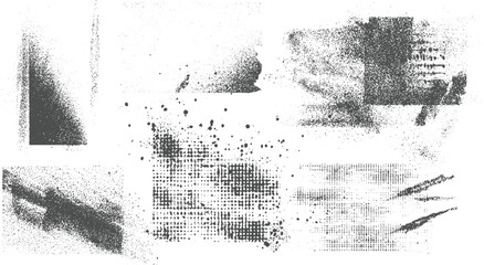 Diverse set of seven abstract grunge textures showcasing scattered dots, halftone patterns, and rough surfaces in shades of dark gray and white, creating unique artistic backgrounds and