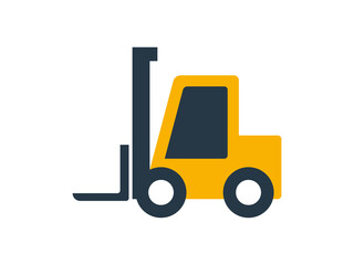 Flat forklift icon used for warehouse, logistics, and industrial material handling. Simple industrial vehicle illustration isolated on white background.