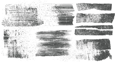 Assortment of nine unique distressed including torn paper strips, halftone dot patterns, and gritty textures in dark gray and white, adding a vintage or grunge aesthetic to digital projects