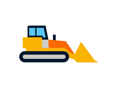 Flat style bulldozer icon representing construction and earthmoving equipment. Industrial heavy machinery illustration isolated on white background.