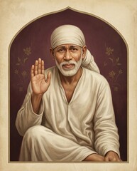 Portrait of Sai Baba, Indian spiritual guru, blessing gesture