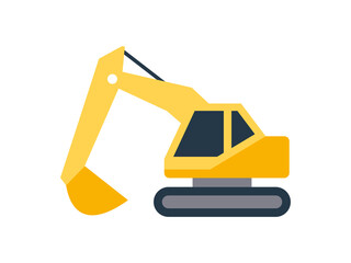 Flat excavator icon representing construction and excavation work. Heavy construction machinery illustration isolated on white background.