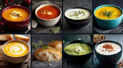 Assorted delicious soups: creamy, hearty, and flavorful dishes with bread and herbs.