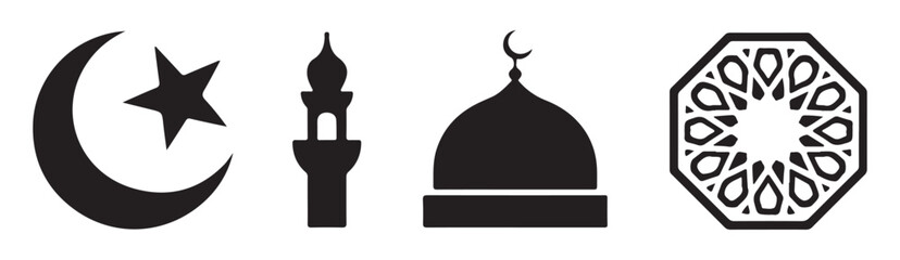 Islamic symbols set including crescent moon star minaret dome and geometric arabesque pattern motif © MOST AKTER