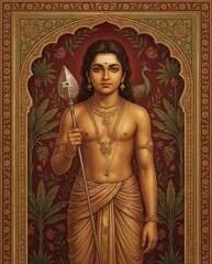 Lord Murugan Holding Vel, Peacock Mount, Traditional Indian Art