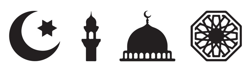 Four black silhouette icons featuring crescent moon star minaret dome and geometric arabesque pattern © MOST AKTER