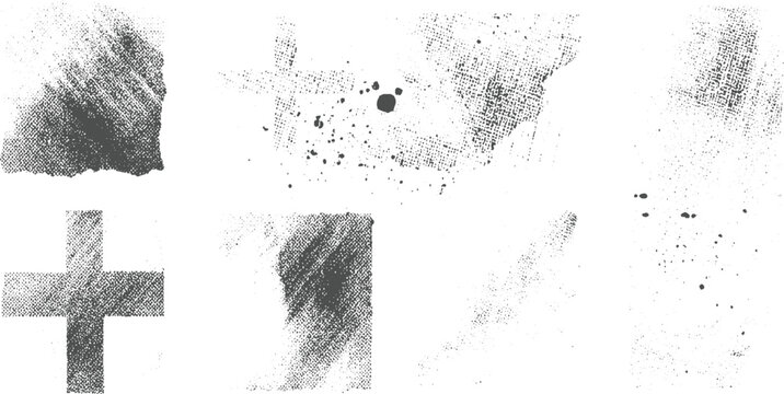 Assortment of abstract grunge textures and halftone patterns including a cross shape and scattered ink splatters for artistic and backgrounds