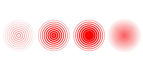 Red concentric ripple circles set. Sonar or sound wave rings collection. Epicentre, target, radar icon concept. Radial signal or vibration elements. Halftone vector illustration