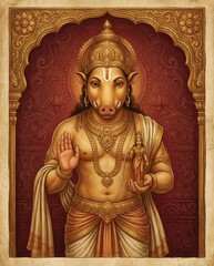 Varaha Avatar of Vishnu Holding Goddess Lakshmi Statue, Hindu Deity Art