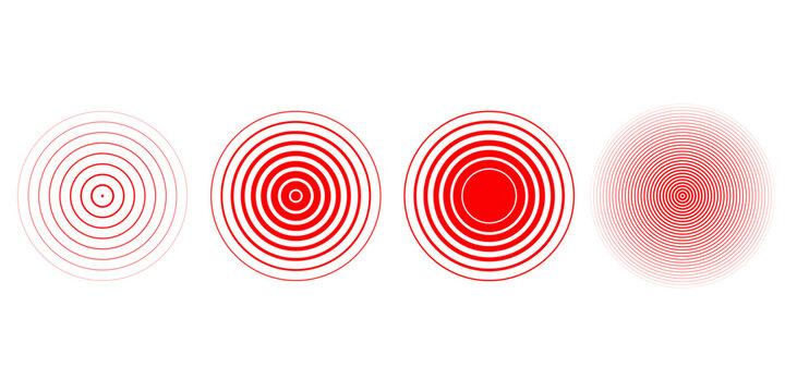 Red concentric ripple circles set. Sonar or sound wave rings collection. Epicentre, target, radar icon concept. Radial signal or vibration elements. Halftone vector illustration
