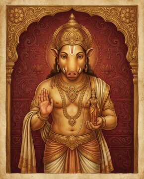 Varaha Avatar of Vishnu Holding Goddess Lakshmi Statue, Hindu Deity Art