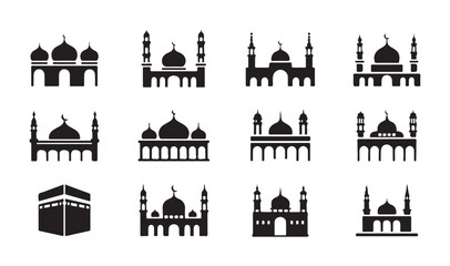 Fototapeta premium Abstract geometric flat icons set featuring islamic mosques buildings and kaaba silhouette vectors design elements