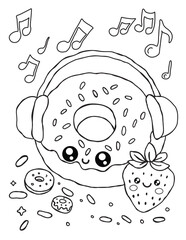 Cute Kawaii Donut Listening to Music Coloring Page