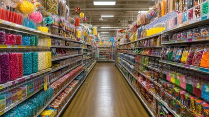 Fototapeta premium Colorful candy aisle in a bright grocery store displaying a vast variety of sweet treats.