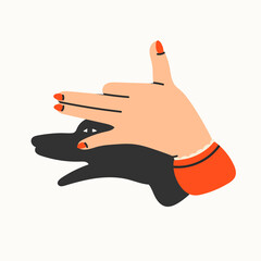 Tender female hand showing shadow puppet barking dog. Hand drawn trendy Vector illustration. Isolated design element. Logo, icon, print, sticker template