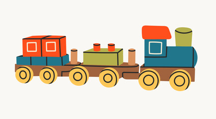 Wooden train. Toy for kids, transport, childhood, childish game, preschool activity concept. Hand drawn trendy Vector illustration. Isolated design element. Icon, logo, print, sticker template