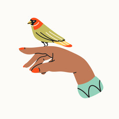 Beautiful, colorful exotic bird sitting on tender elegant female hand. Hand drawn trendy Vector illustration. Isolated design element. Sticker, icon, logo, print template