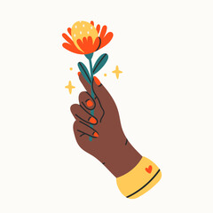 Tender elegant female hand holding red, yellow flower. Hand drawn trendy Vector illustration. isolated design element. Sticker, icon, logo, print template