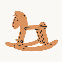 Wooden rocking Horse. Toy for kids, childhood, childish game, preschool activity concept. Hand drawn trendy Vector illustration. Isolated design element. Icon, logo, print, sticker template