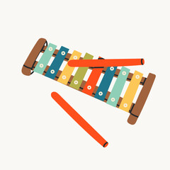 Wooden xylophone. Toy, music instrument, childhood, childish game, preschool activity concept. Hand drawn trendy Vector illustration. Isolated design element. Icon, logo, print, sticker template