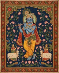 Lord Krishna Playing Flute with Cows, Peacocks, and Lotuses - Indian Miniature Painting