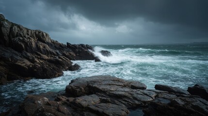 Stormy ocean waves crashing against rocky cliffs under dark clouds.