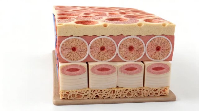Cross-section of Human Skin Layers in Detailed 3D Model, Rotating and Revealing Blood Vessels, Epidermis, Dermis, and Subcutaneous Tissue Cinematic