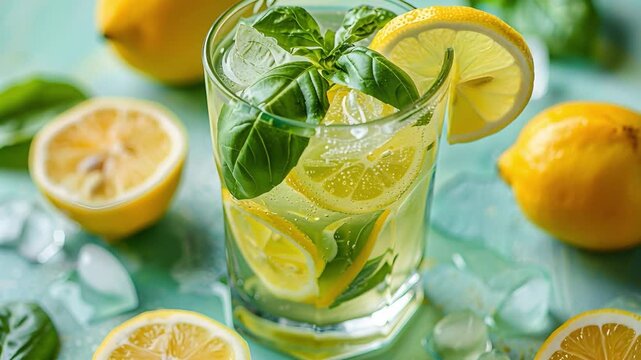 A glass filled with a drink made of lemon slices, fresh basil leaves, and ice sits on a bright surface. Nearby are whole and sliced lemons, adding color to the scene