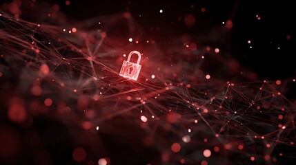 Glowing red padlock symbolizing security, connected within a network of nodes against black background