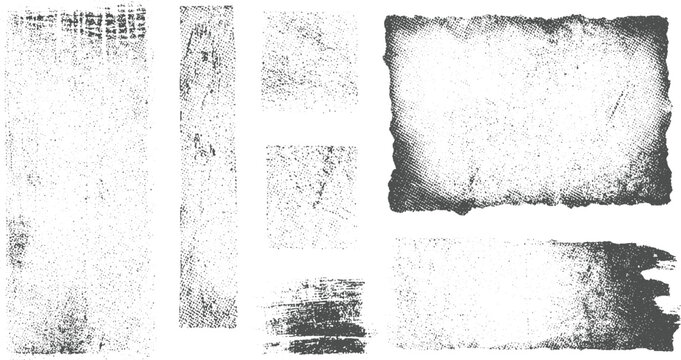 Set of seven abstract grunge textures with frayed edges and varied dot and line patterns in a monochromatic palette, adding a tactile and aged