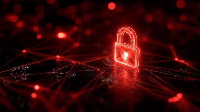 Neon red padlock icon glowing amidst network of lines and bokeh on a dark background